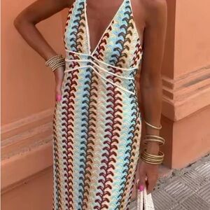 Crochet Maxi Beach Dress Halter Neck Semi Sheer Size M